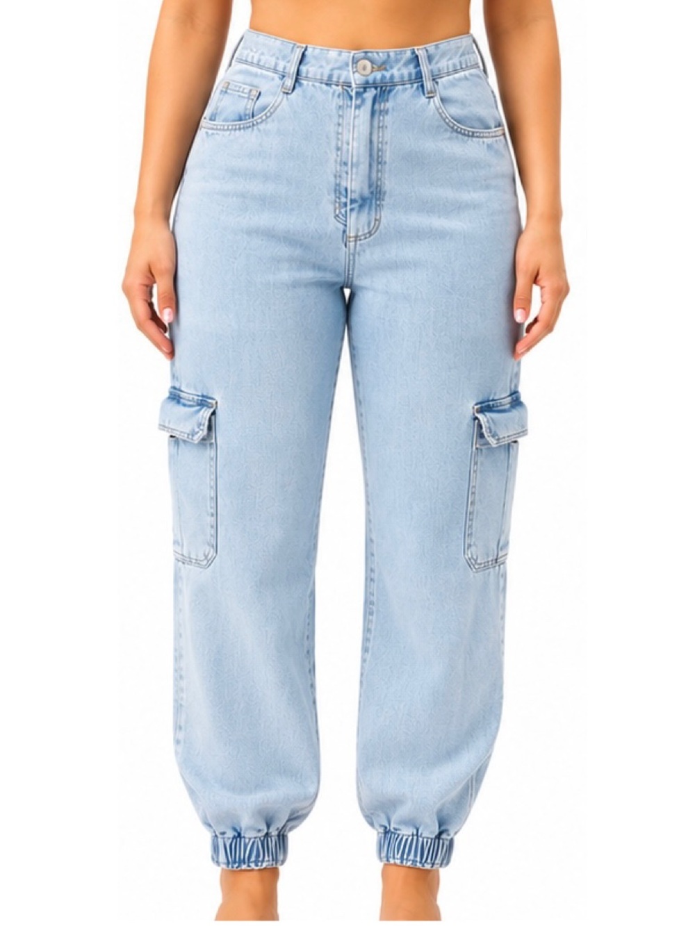Light Wash Cargo Denim Jogger Jeans - Women